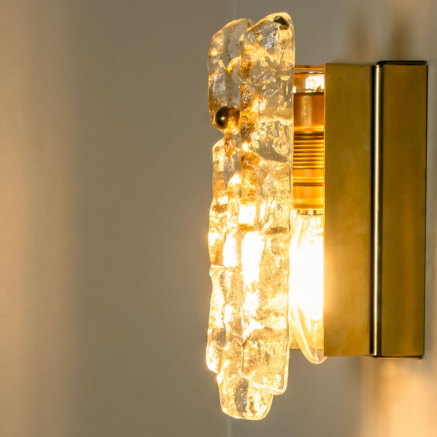 20th Century Textured Ice glass Gold Wall Lights Kalmar, 1970s For Sale
