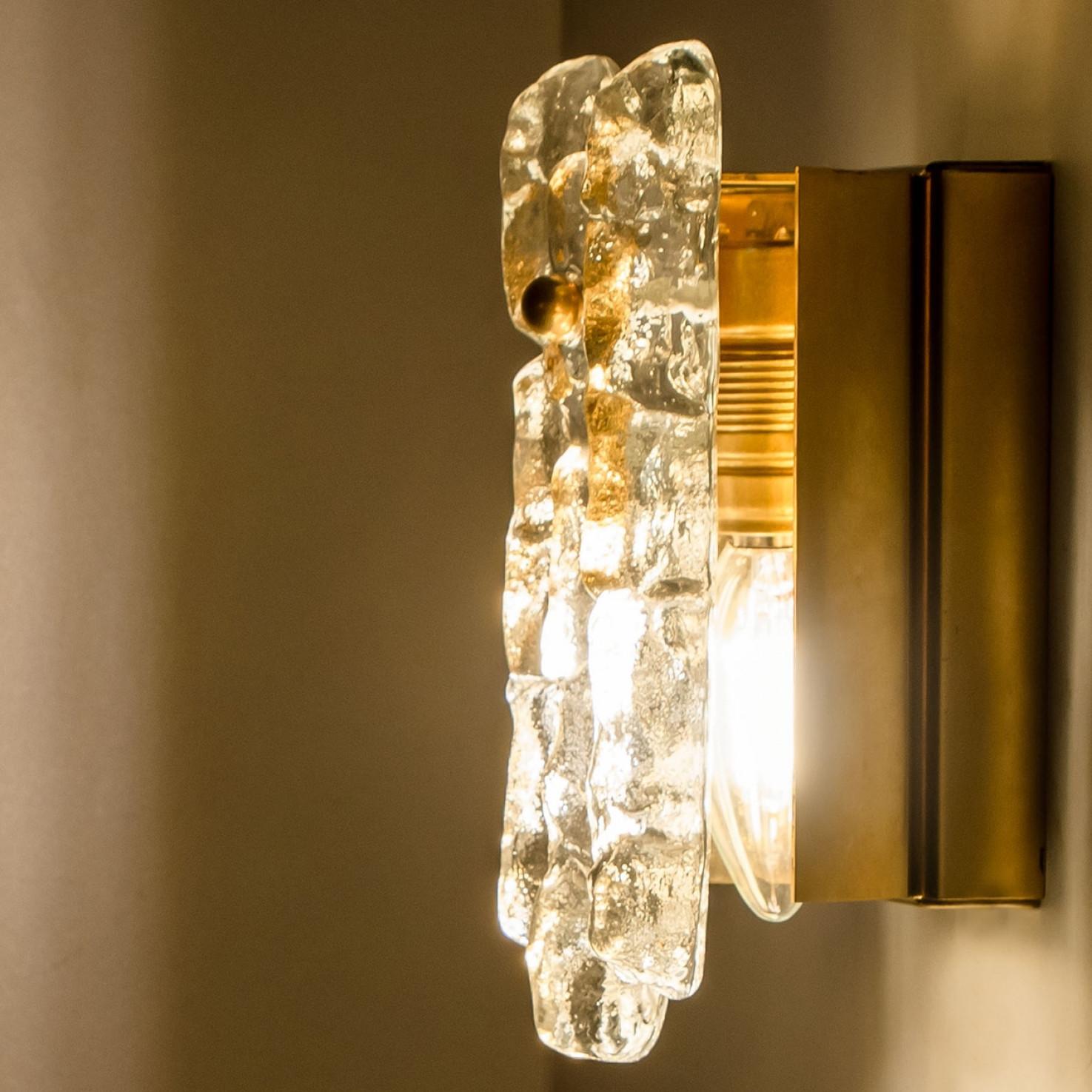 Brass Textured Ice glass Gold Wall Lights Kalmar, 1970s For Sale
