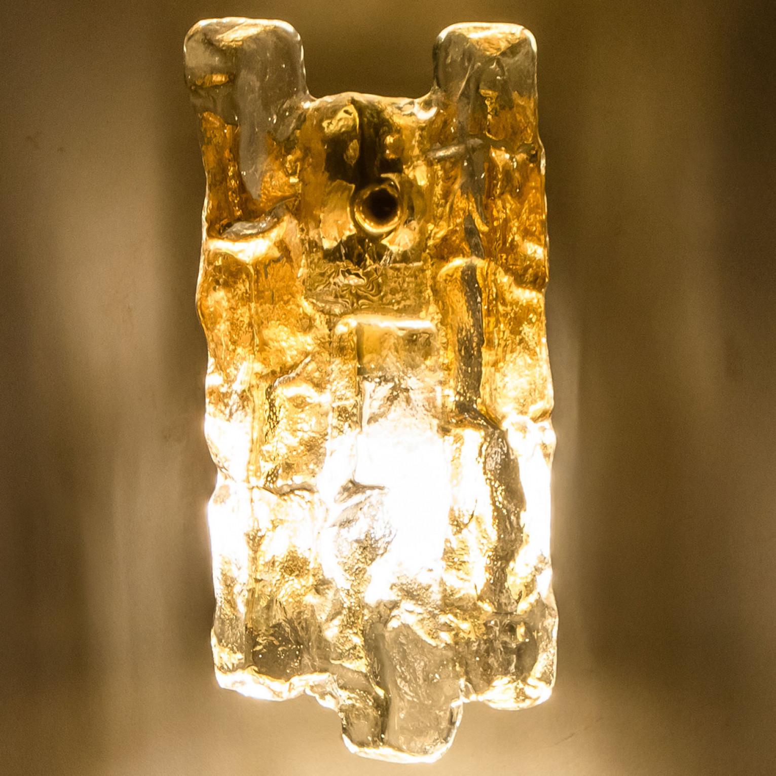 Textured Ice glass Gold Wall Lights Kalmar, 1970s 1