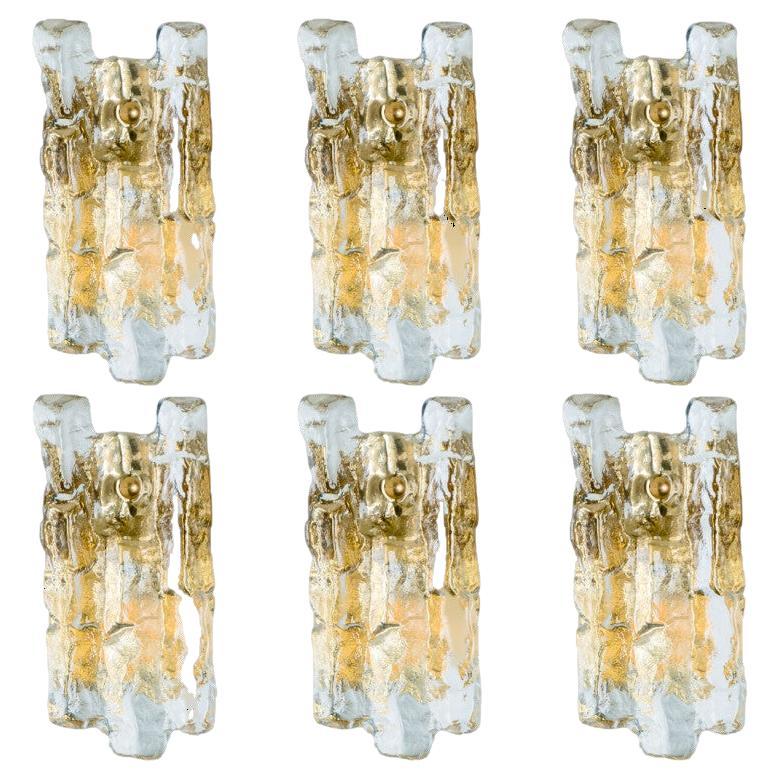 Textured Ice glass Gold Wall Lights Kalmar, 1970s For Sale