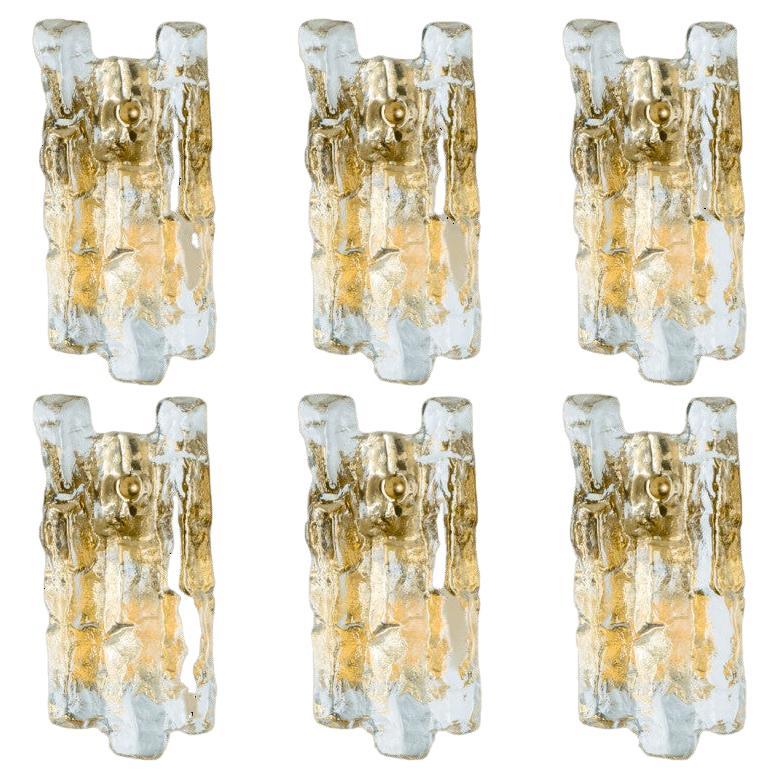 Textured Ice glass Gold Wall Lights Kalmar, 1970s