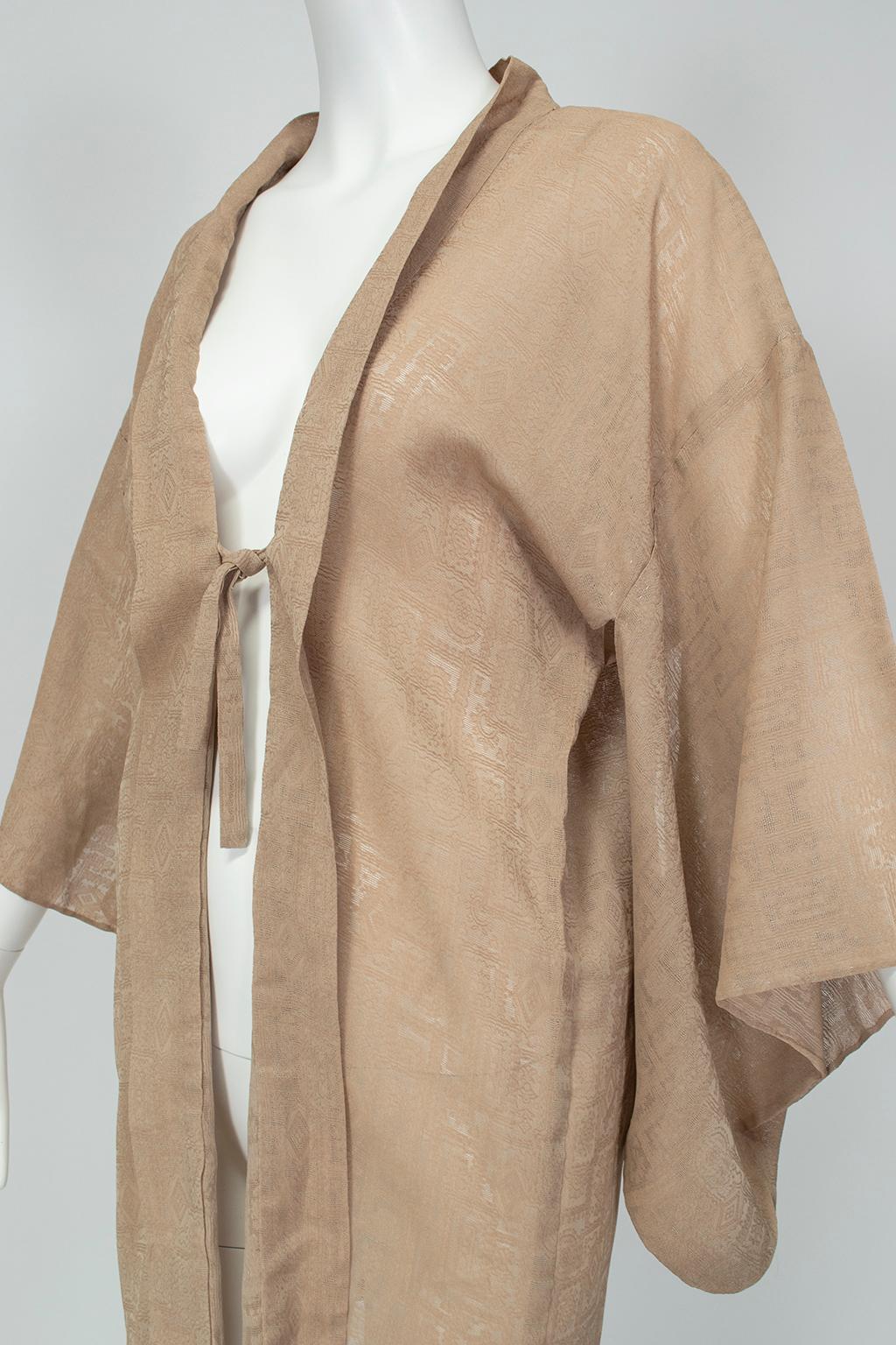 Taupe texturierte Jacquard Haori-Lingerie-Jacke mit halber Krawatte vorne aus Jacquard - M-L, 1960er Jahre Damen im Angebot