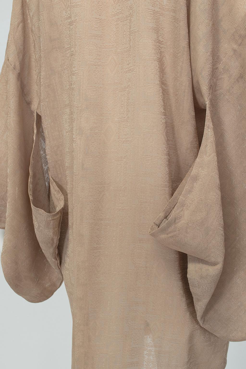 Brown Taupe Textured Jacquard Haori Half-Kimono Tie Front Lingerie Jacket - M-L, 1960s For Sale