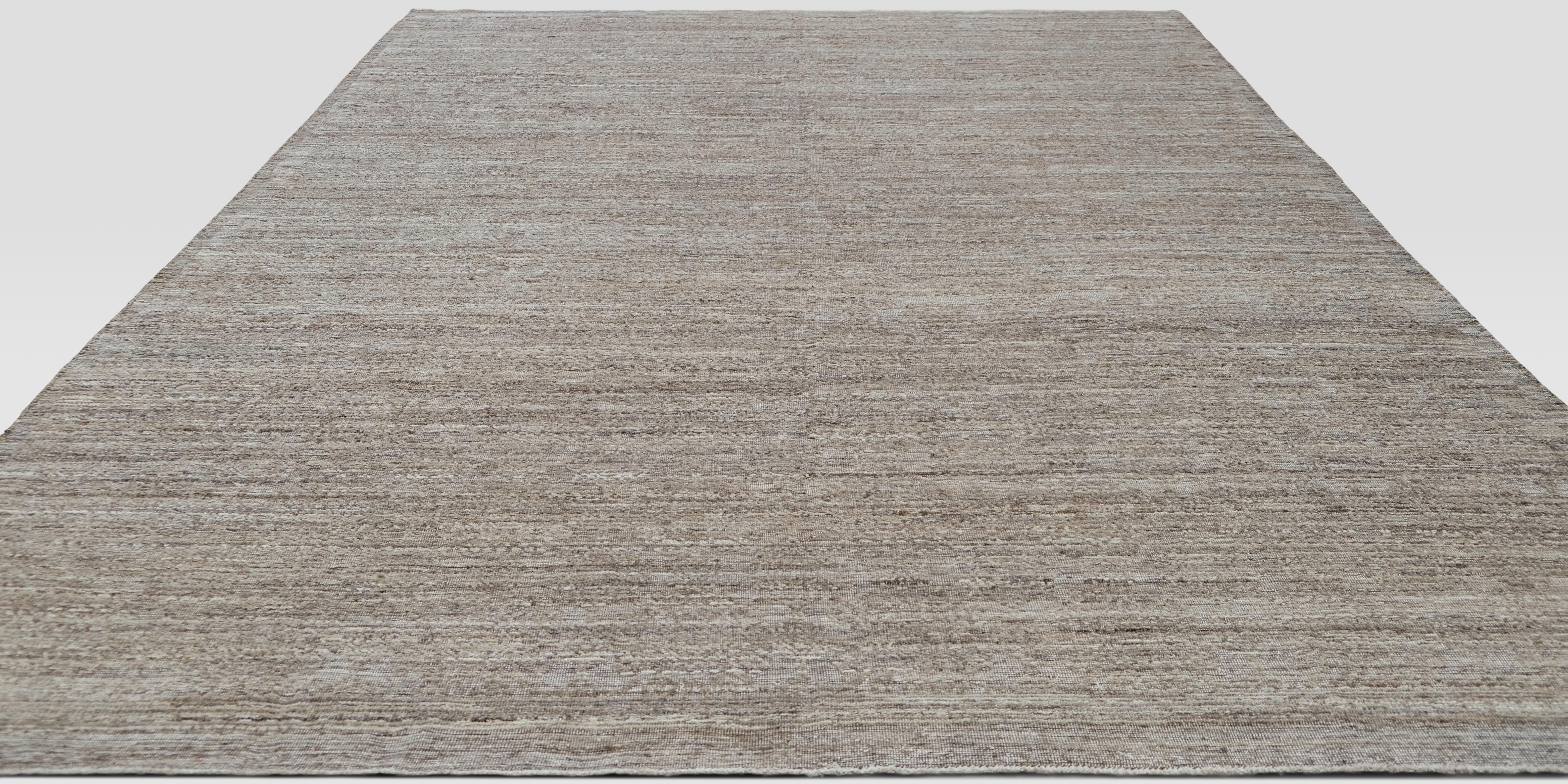 Hand-Knotted Textured light brown high low pile Natural Wool Rug 9'3''x12'3'' For Sale
