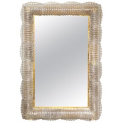 Textured Light Smoke Taupe Murano Glass and Brass Mirrors, Lighted, Italy