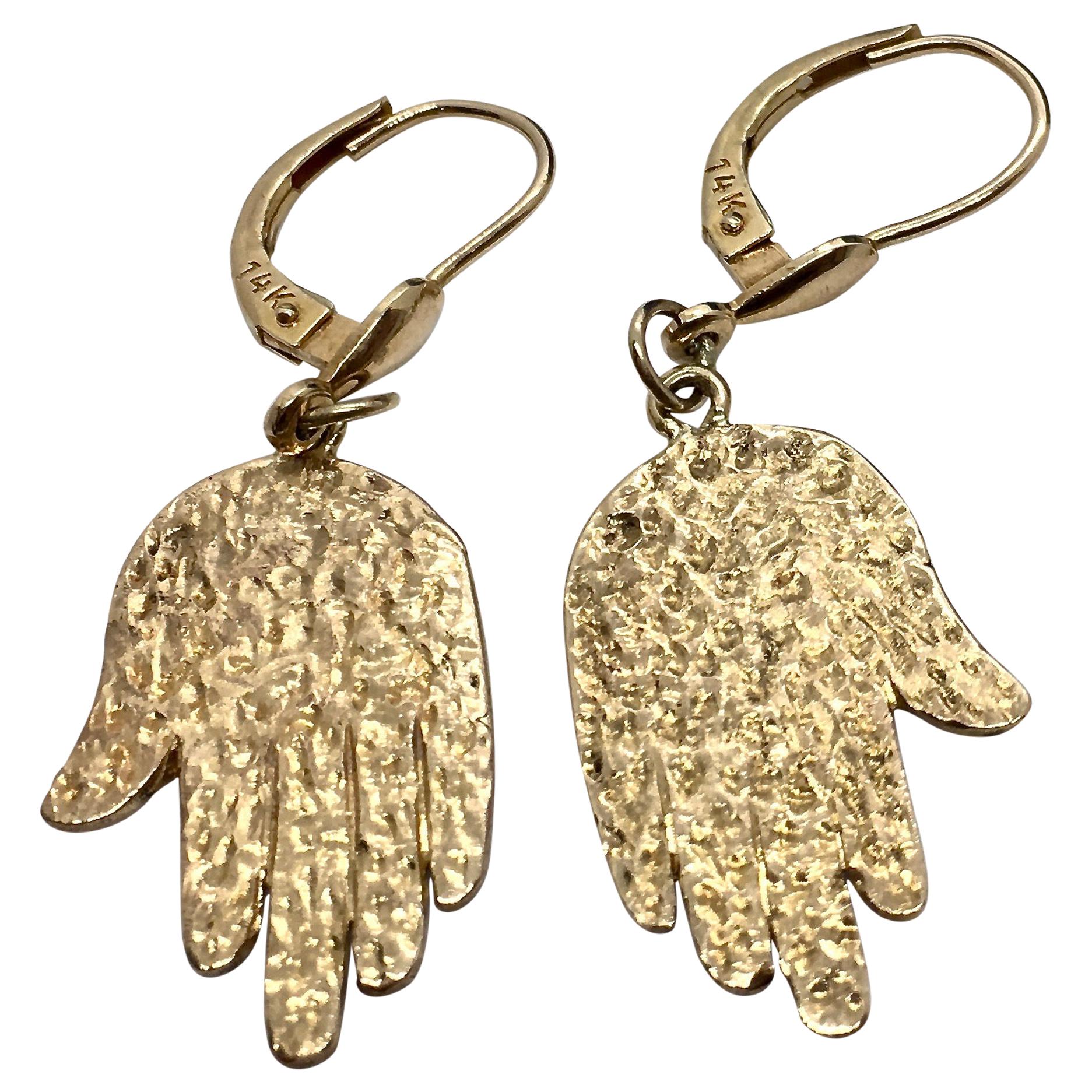 Textured Lucky Hamsa Hand Earrings in Yellow Gold