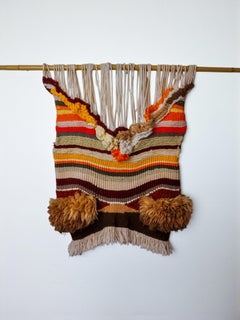 Textured macrame wall hanging, brown & orange wool, Spain, 1970s