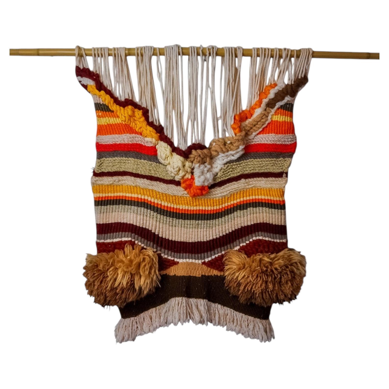 Textured macrame wall hanging, brown & orange wool, Spain, 1970s For Sale