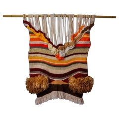 Textured macrame wall hanging, brown & orange wool, Spain, 1970s