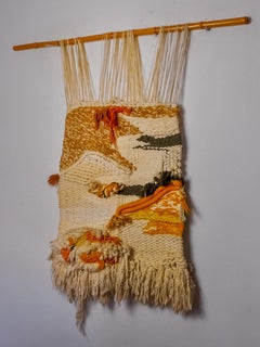 Textured macrame wall hanging, brown & orange wool, Spain, Circa 1970