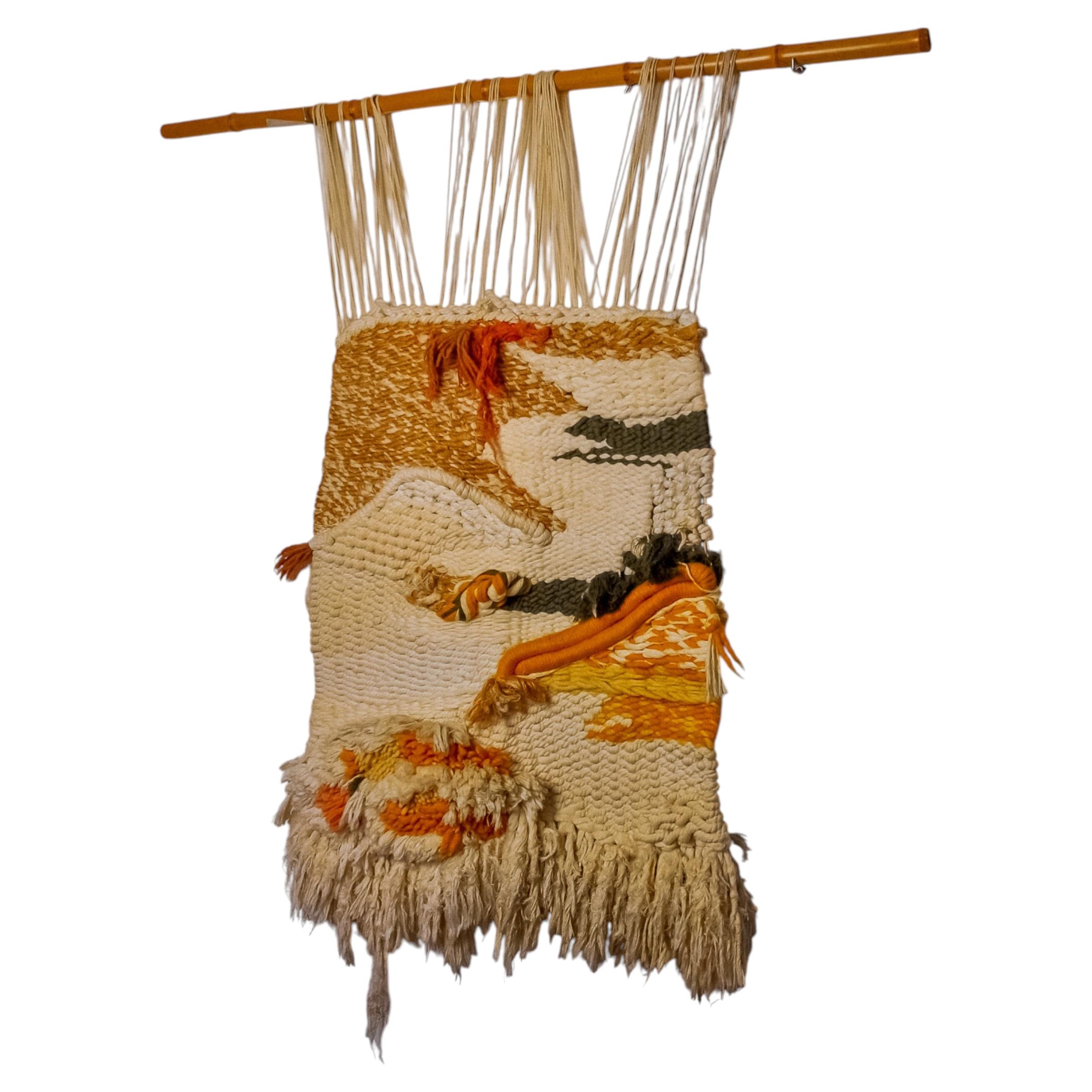 Textured macrame wall hanging, brown & orange wool, Spain, Circa 1970 For Sale