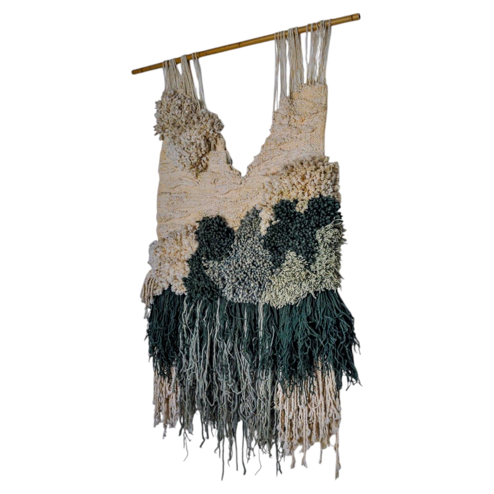 Textured macrame wall hanging, green & beige wool, Spain, Circa 1970's For Sale