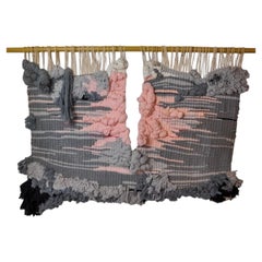 Textured macrame wall hanging, grey & pink wool, Spain, 1970s