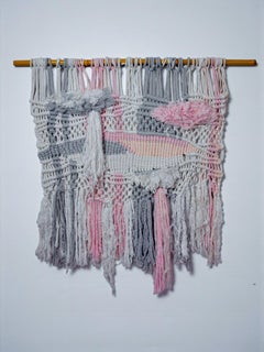Textured macrame wall hanging, grey & pink wool, Spain, Circa 1970