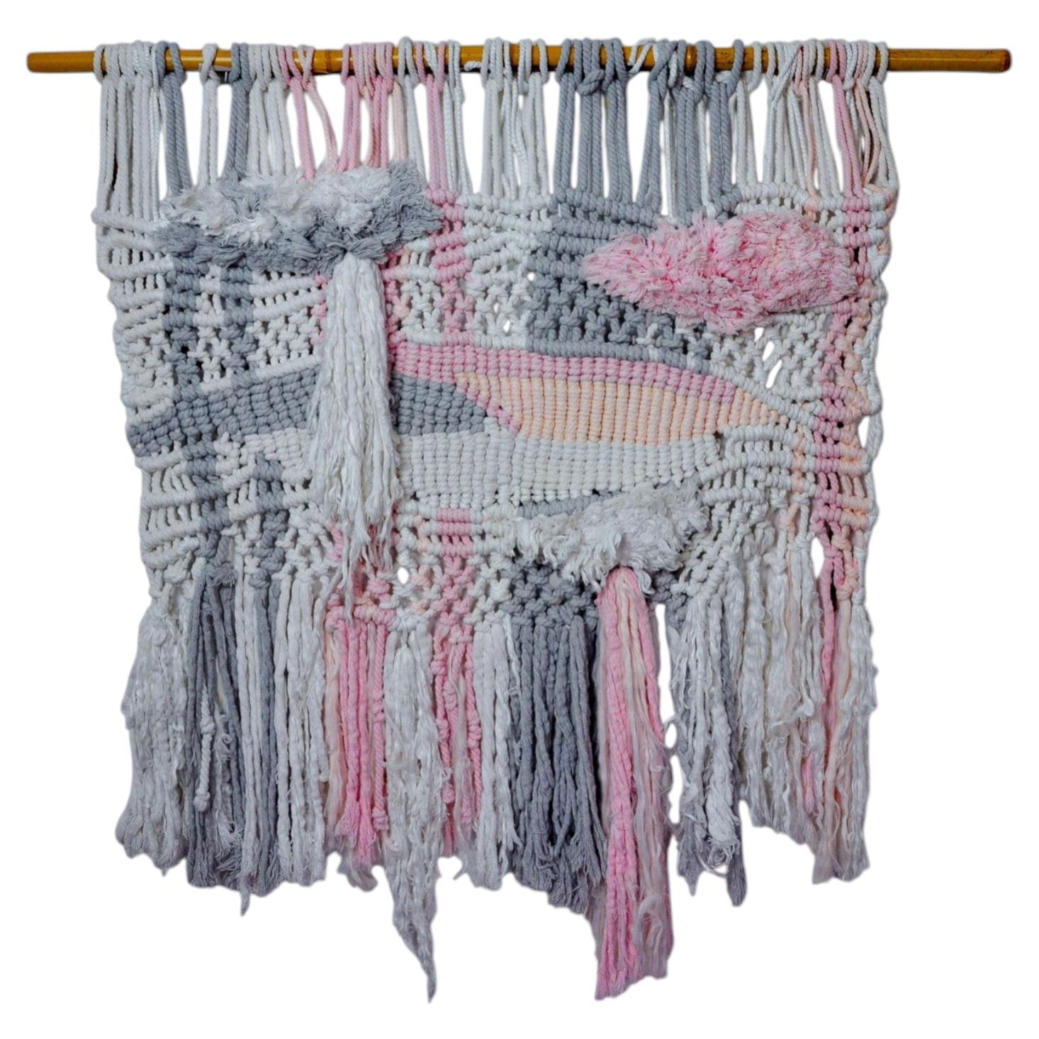 Textured macrame wall hanging, grey & pink wool, Spain, Circa 1970 For Sale