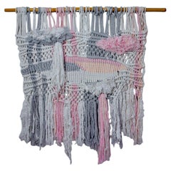 Textured macrame wall hanging, grey & pink wool, Spain, Circa 1970