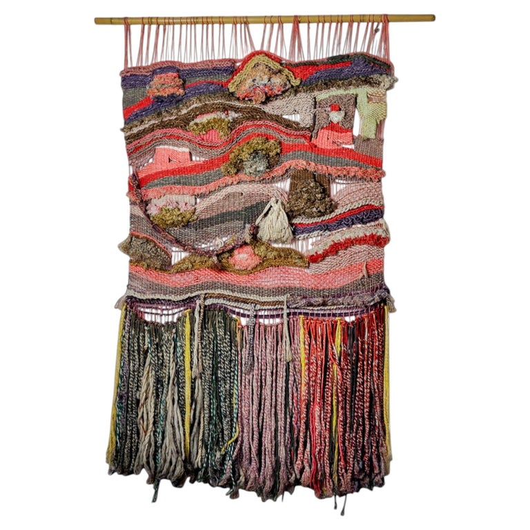 Textured macrame wall hanging, wool, Spain, Circa 1970s