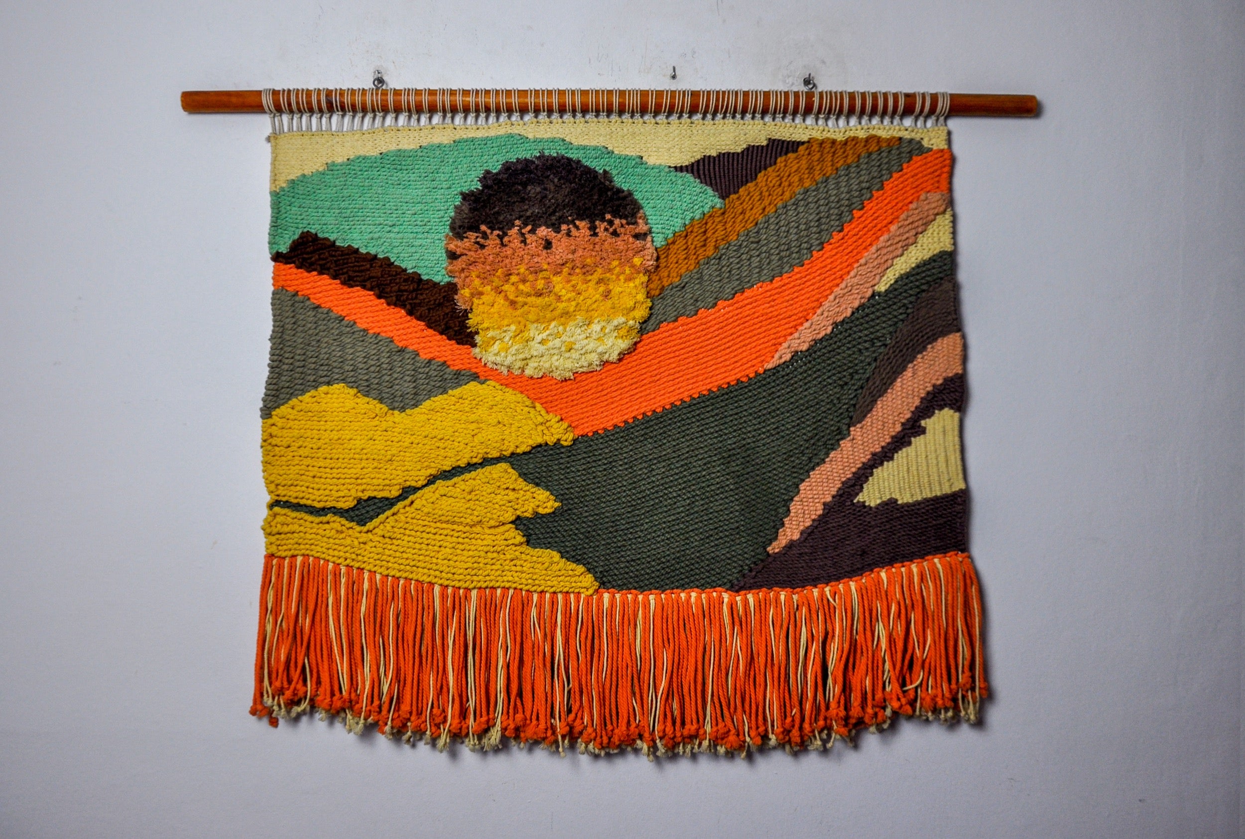Superb macramé wall tapestry, spain, 1970s.

Large format.

Handcrafted tapestry composed of different textures and materials creating unique patterns and reliefs representing a sunset in the catalan country.

All ropes and wires were made and