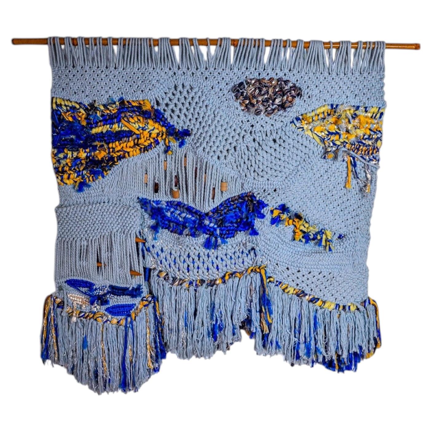 Textured macrame wall tapestry, folk art, Spain, 1970 For Sale