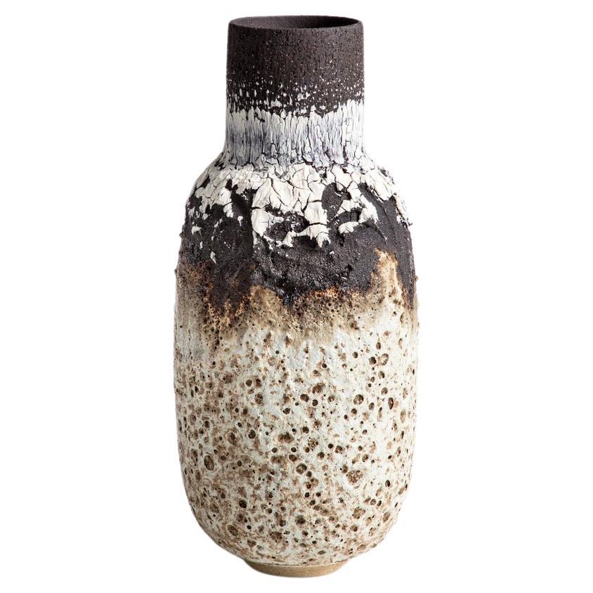 Textured Medium Vase, Cream, White, Brown and Black Lava Glaze and Porcelain For Sale