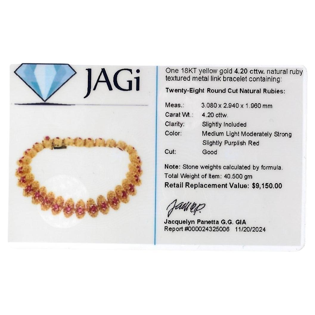 Textured Metal Link Bracelet with Round Cut Rubies in 18 Karat Yellow Gold For Sale 5