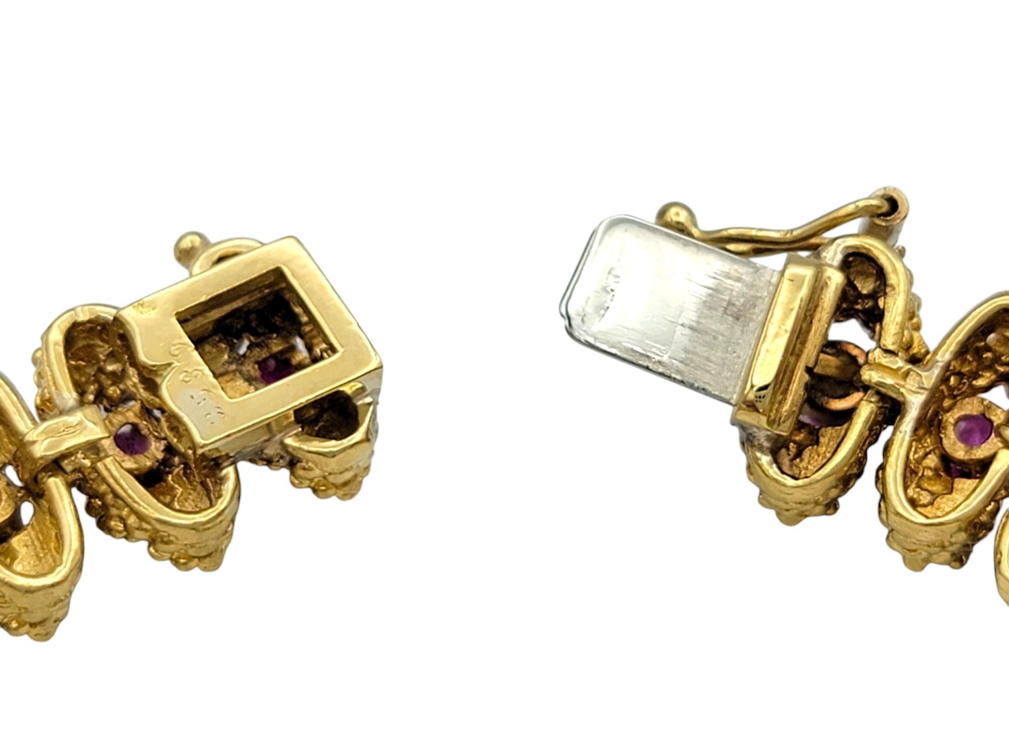 Textured Metal Link Bracelet with Round Cut Rubies in 18 Karat Yellow Gold For Sale 1