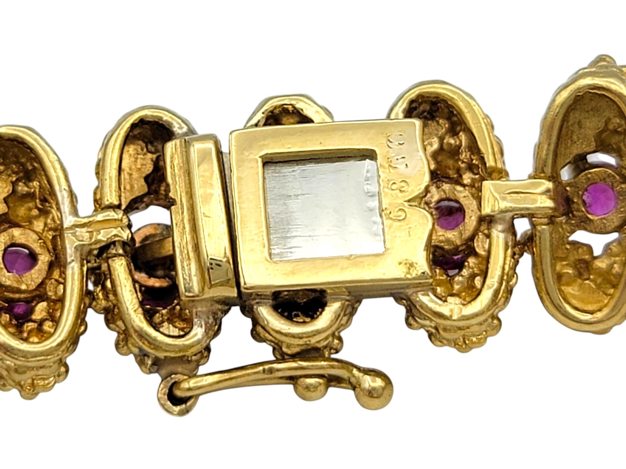 Textured Metal Link Bracelet with Round Cut Rubies in 18 Karat Yellow Gold For Sale 2