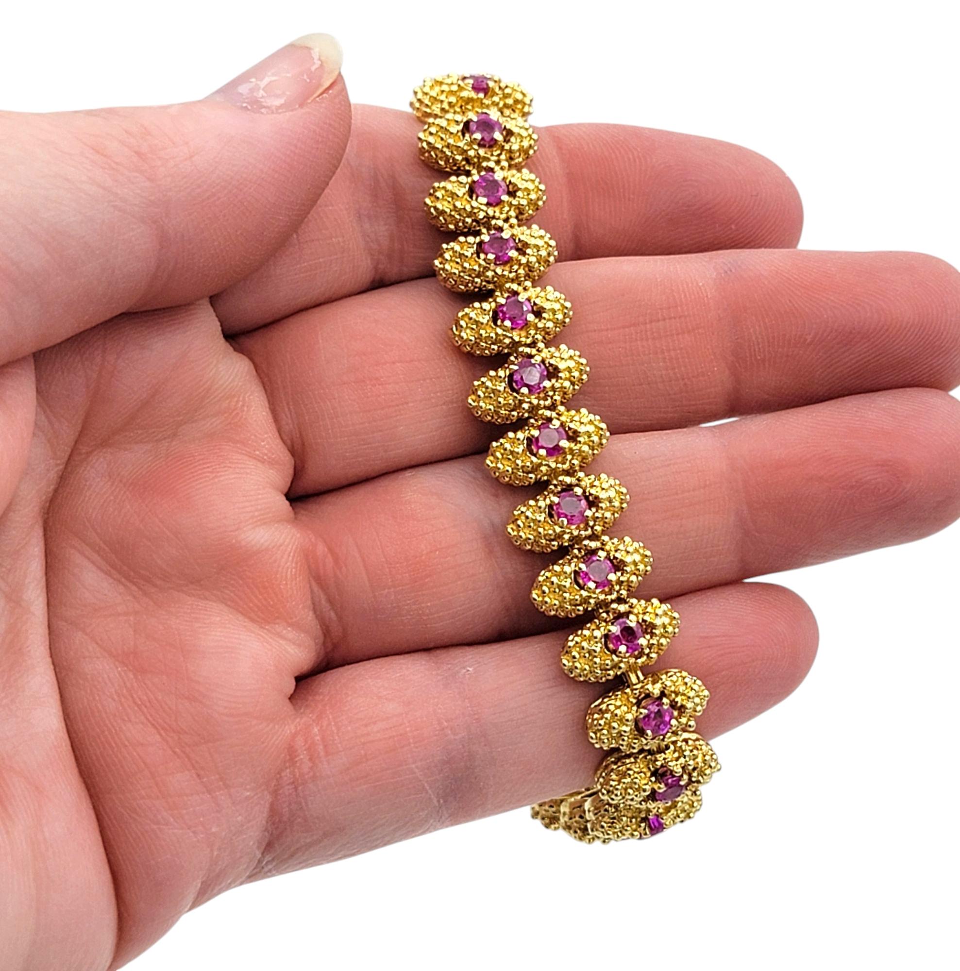 Textured Metal Link Bracelet with Round Cut Rubies in 18 Karat Yellow Gold For Sale 3