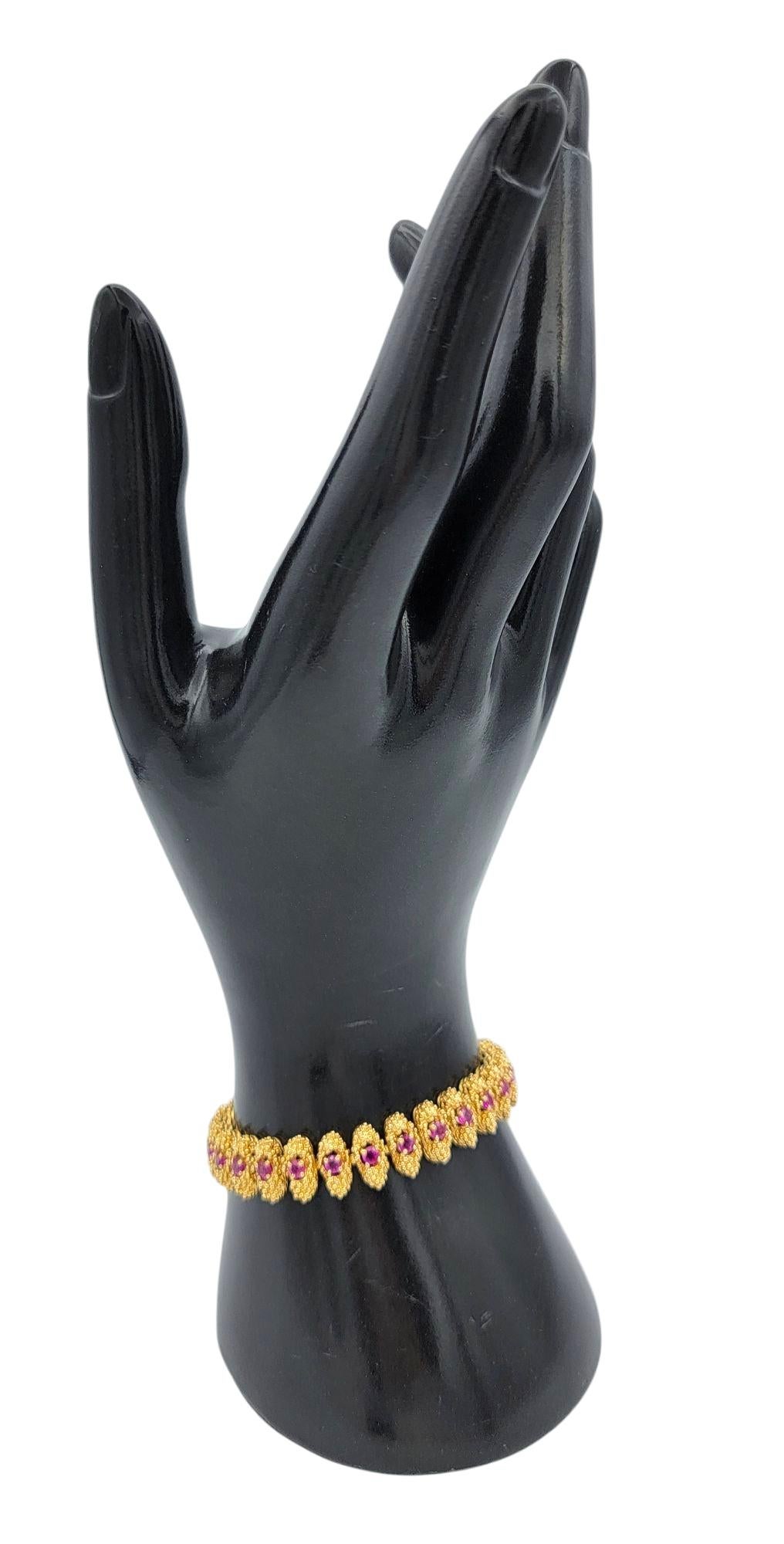 Textured Metal Link Bracelet with Round Cut Rubies in 18 Karat Yellow Gold For Sale 4