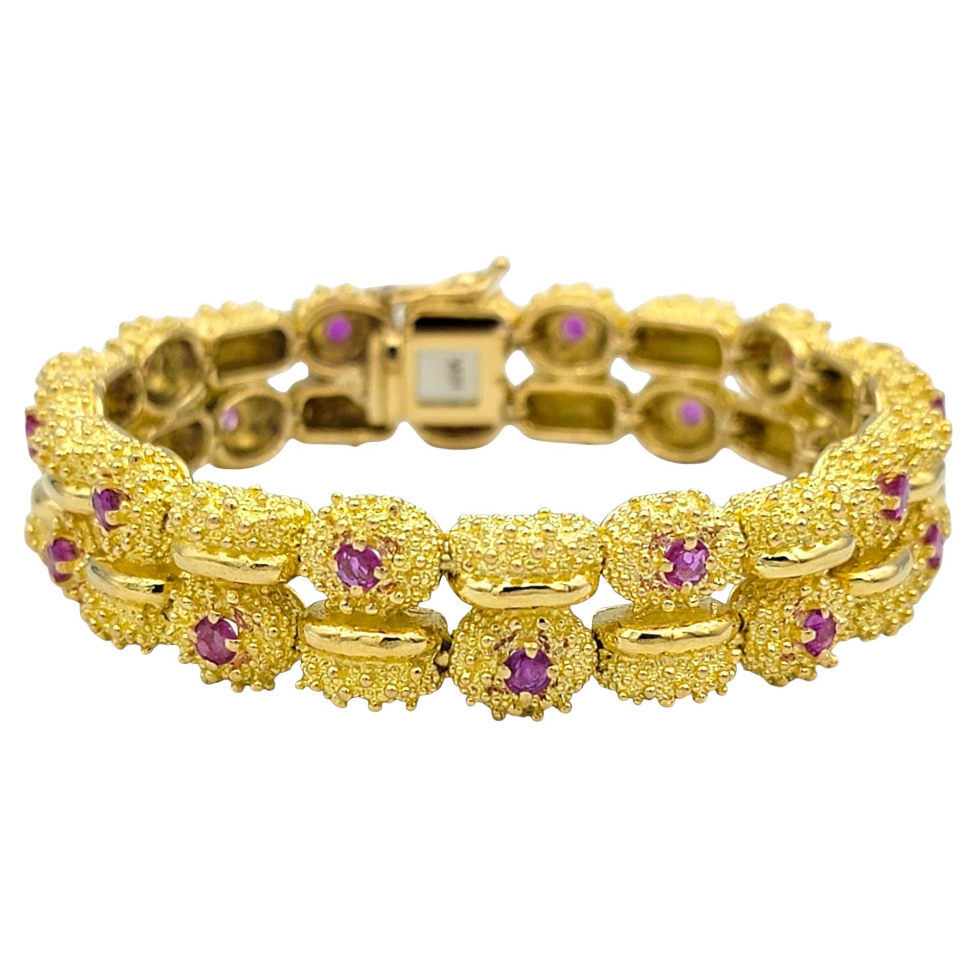 Textured Multi Row 18 Karat Yellow Gold Bracelet with Round Cut Pink Sapphires
