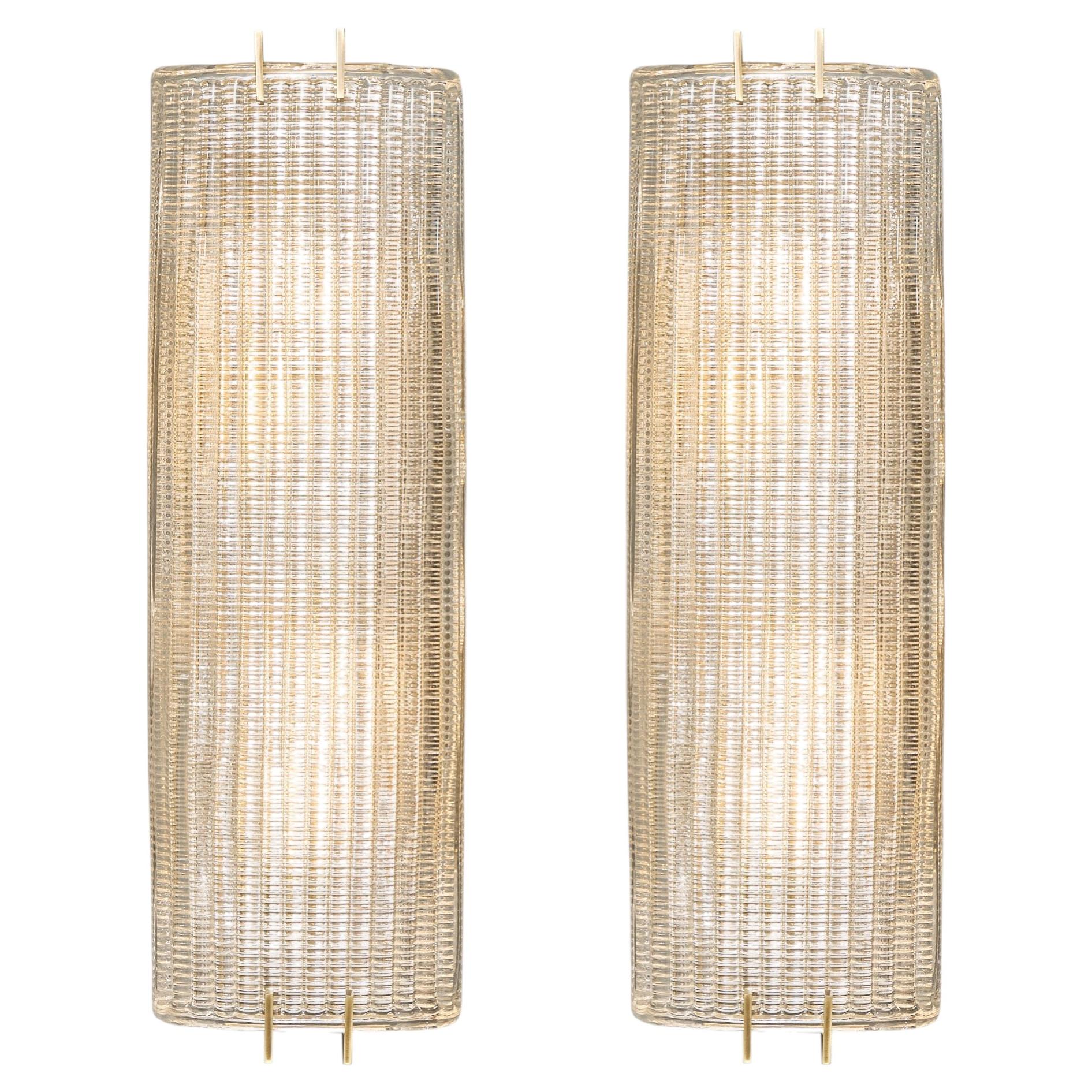 Textured Murano Glass Sconces, Brass Structure, Modern Design, Italy
