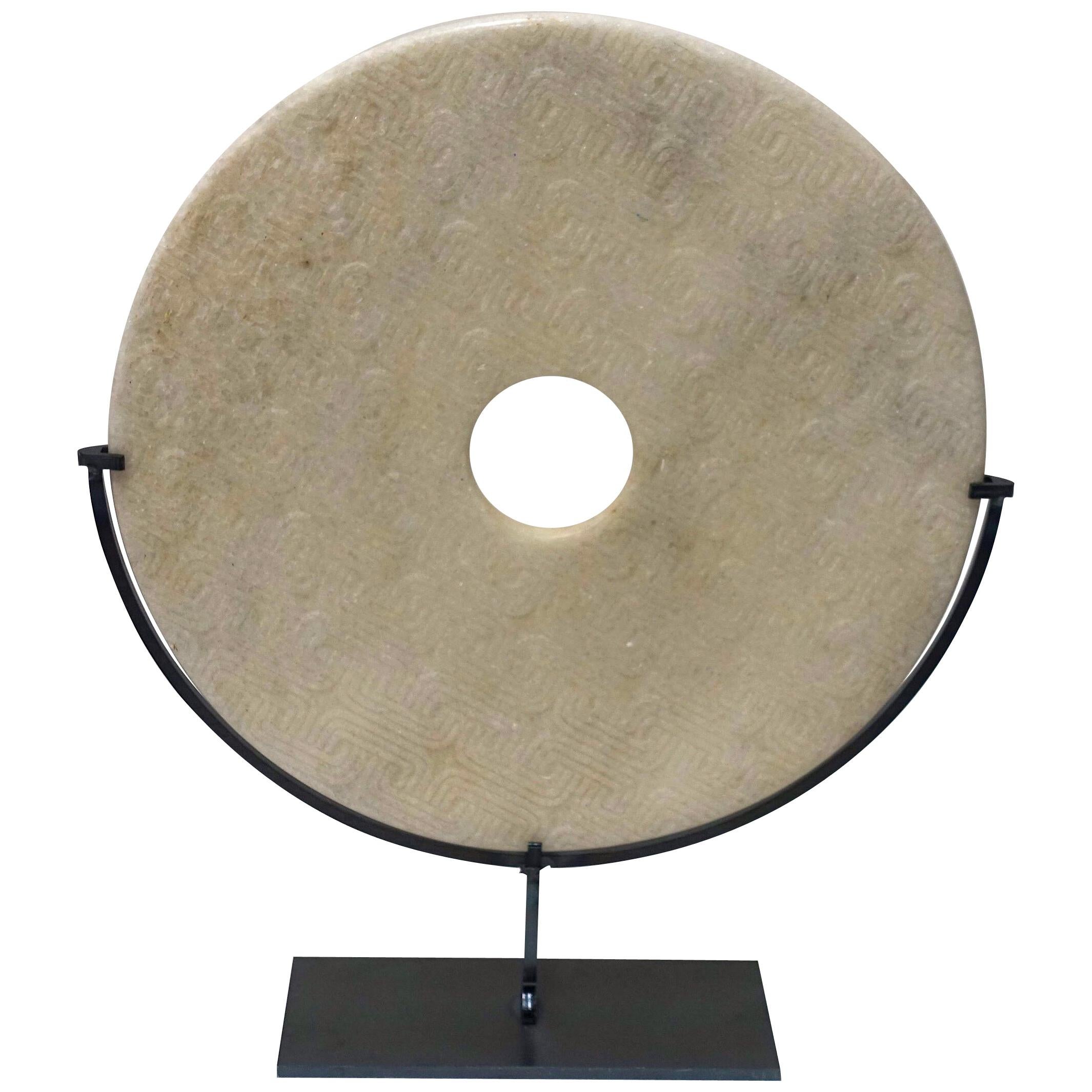 Textured Off-White Marble Disc Sculpture, China, Contemporary
