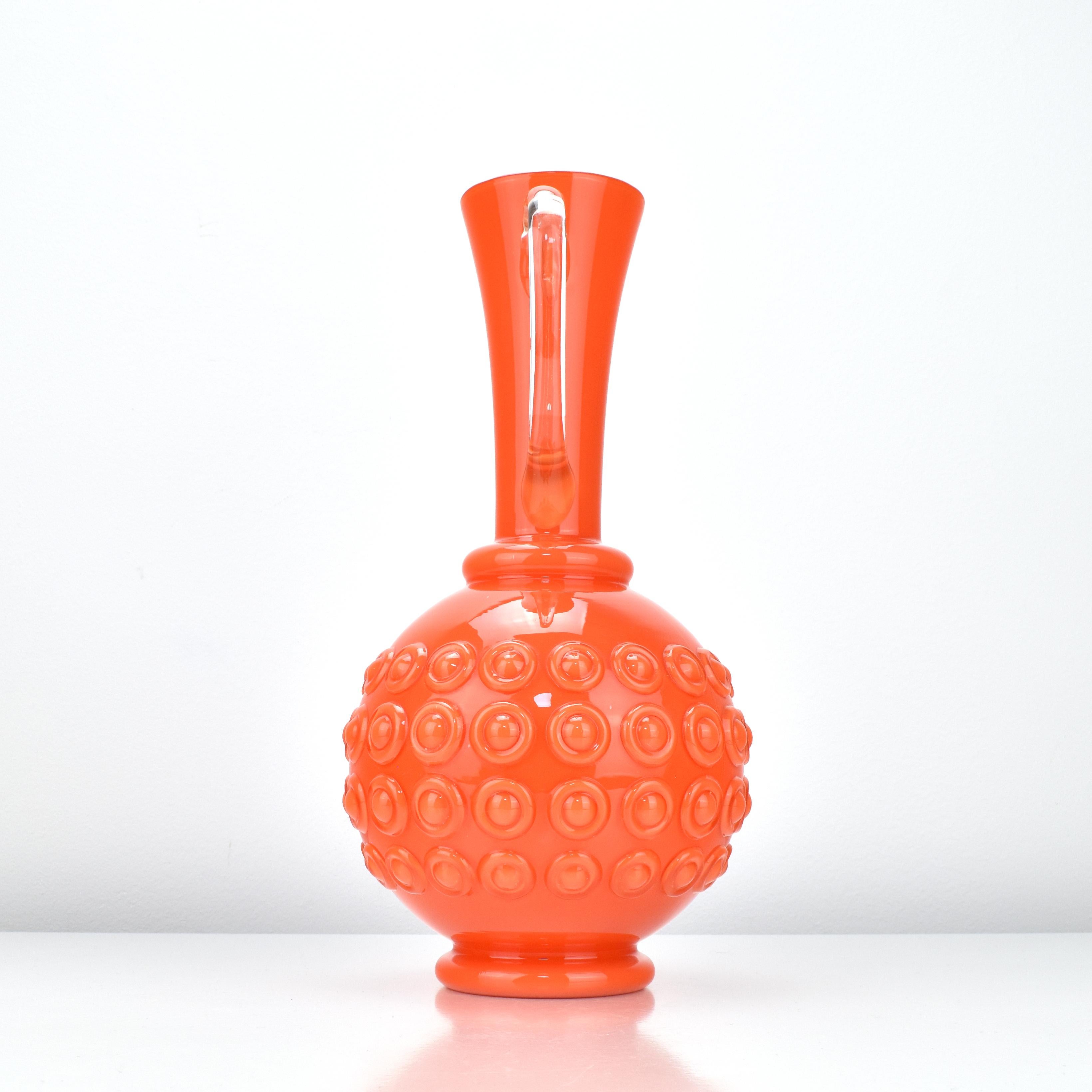 Mid-Century Modern Textured Orange Art Glass Vase / Jug Empoli Opaline di Firenze Hobnail Pattern For Sale