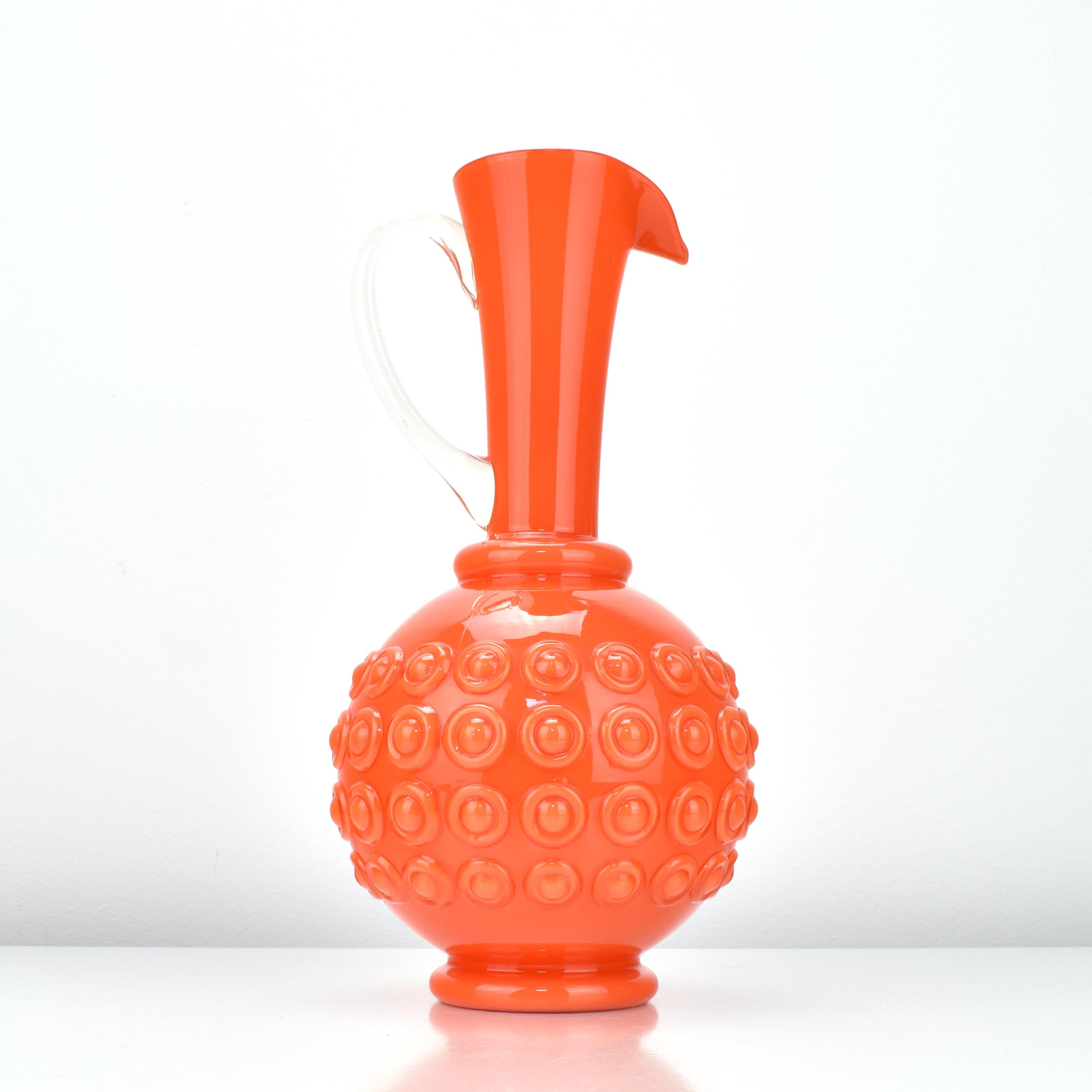 Italian Textured Orange Art Glass Vase / Jug Empoli Opaline di Firenze Hobnail Pattern For Sale