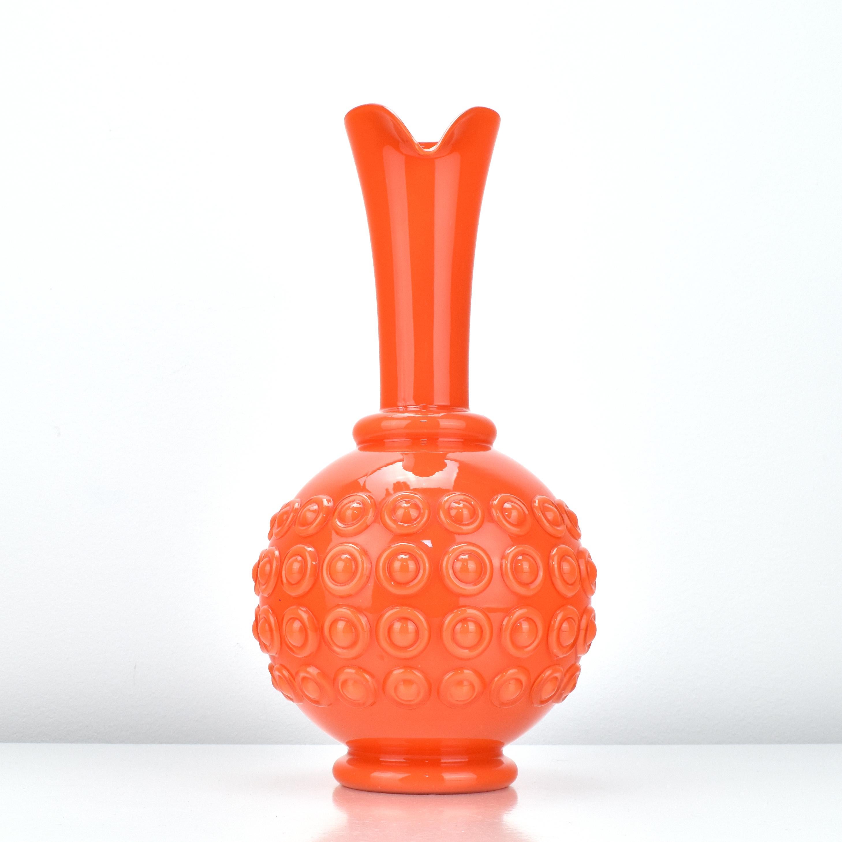 Hand-Crafted Textured Orange Art Glass Vase / Jug Empoli Opaline di Firenze Hobnail Pattern For Sale