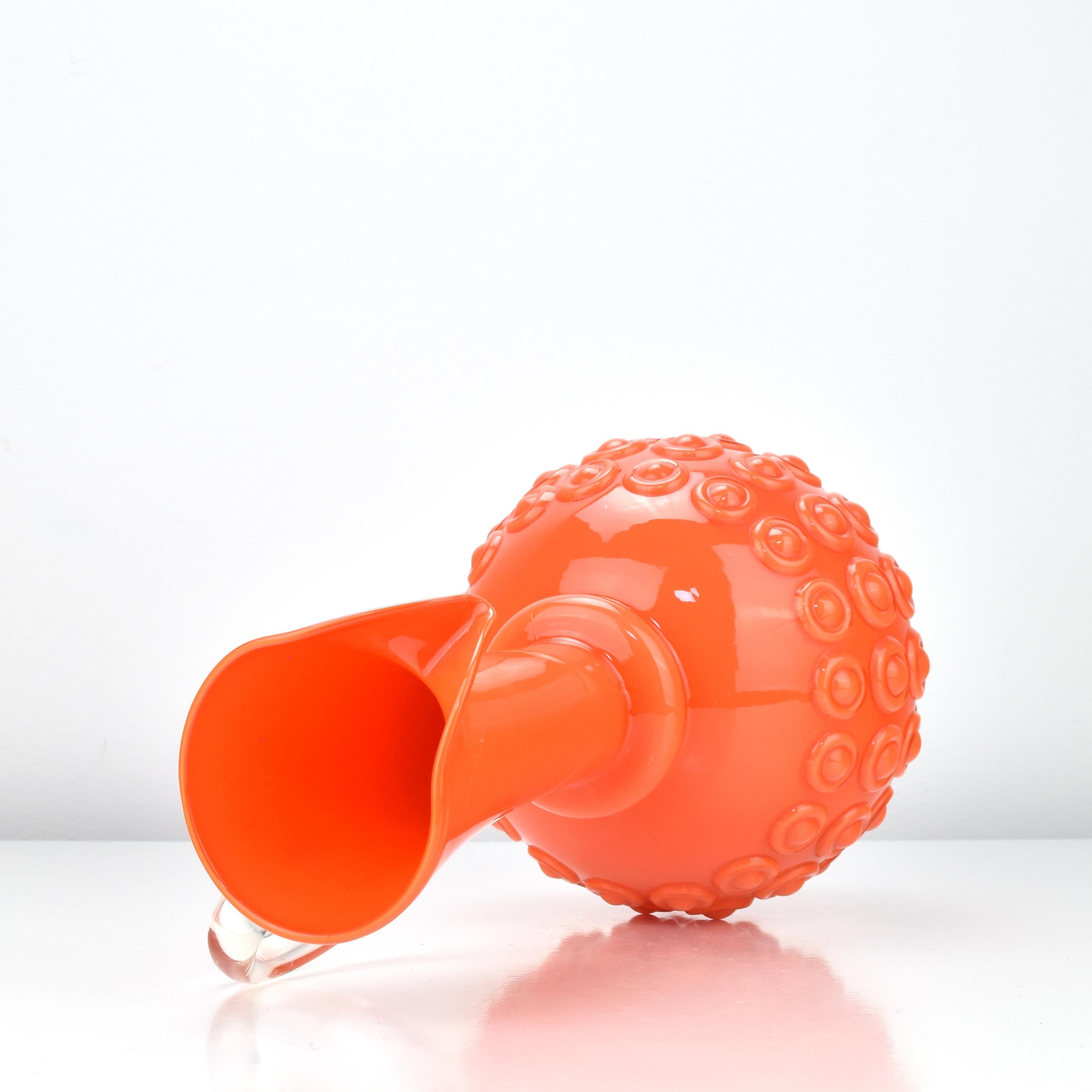 20th Century Textured Orange Art Glass Vase / Jug Empoli Opaline di Firenze Hobnail Pattern For Sale