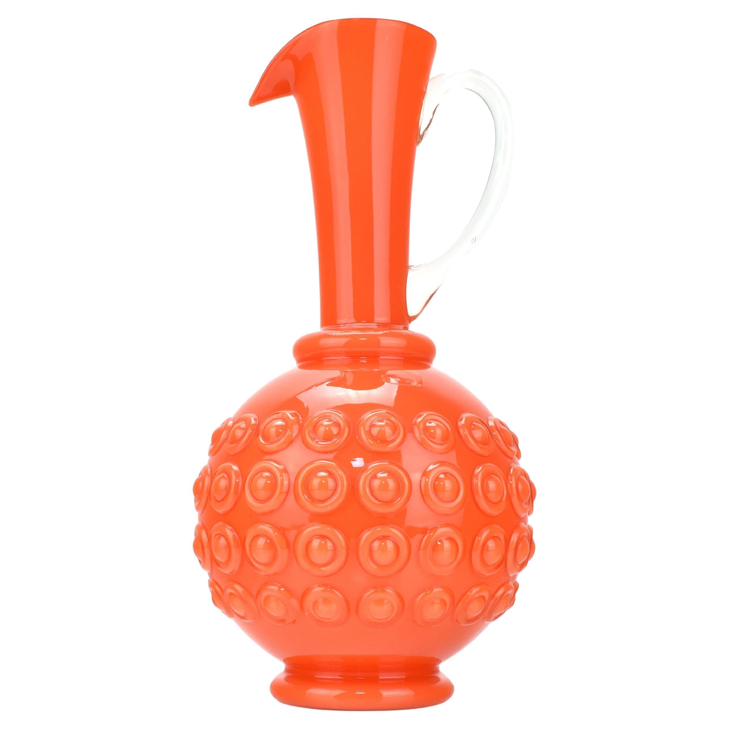Vase aus strukturiertem orangefarbenem Kunstglas / Krug Empoli Opaline di Firenze Hobnail-Muster