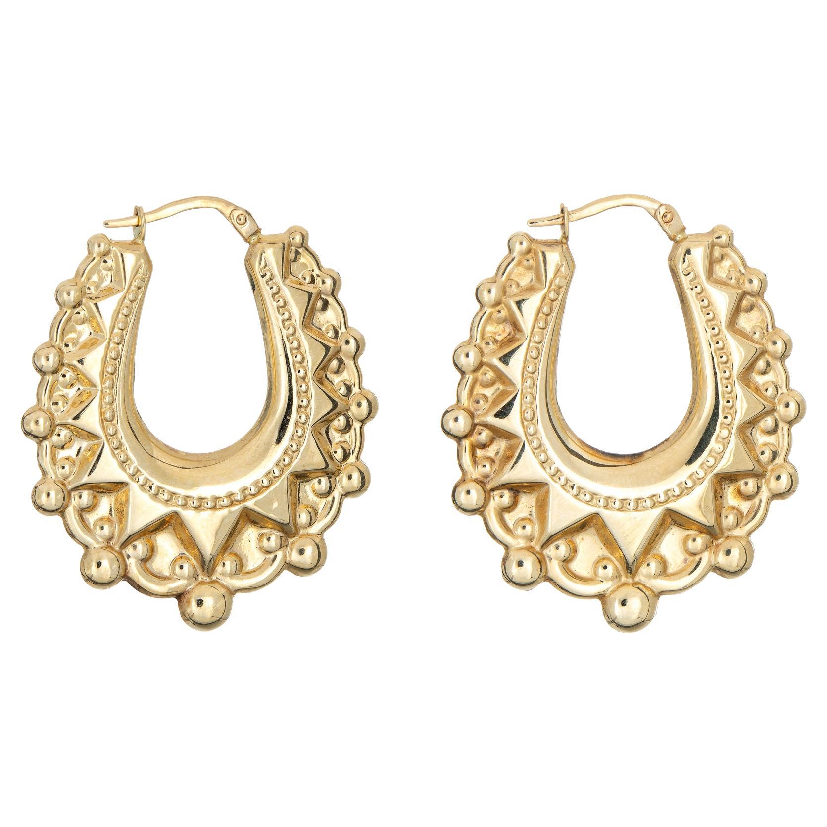 Textured Oval Hoop Earrings Vintage 14k Yellow Gold Drops Estate Jewelry