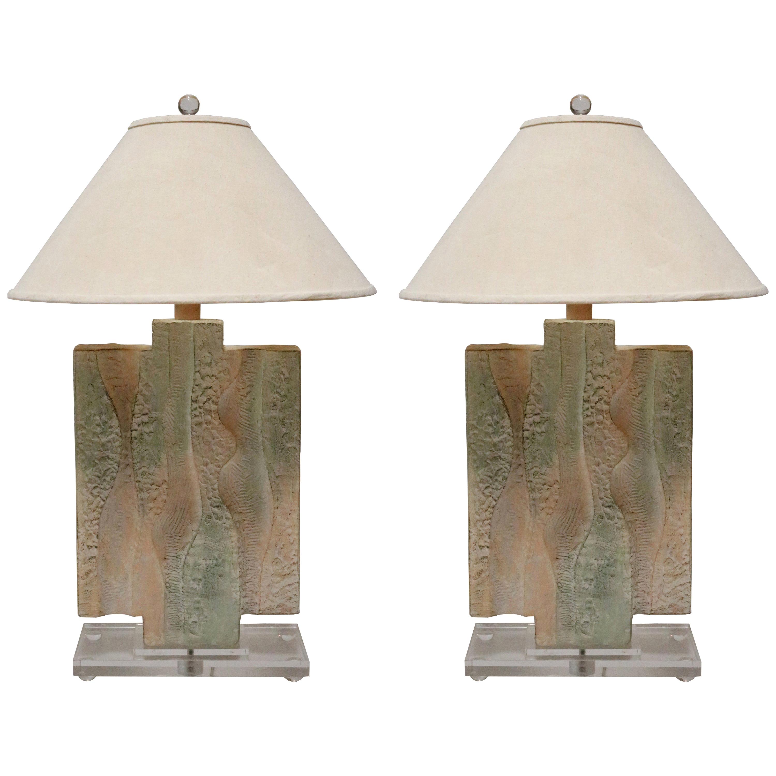 Textured Pastel Colored Table Lamps on a Lucite Base, a Pair