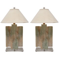 Textured Pastel Colored Table Lamps on a Lucite Base, a Pair