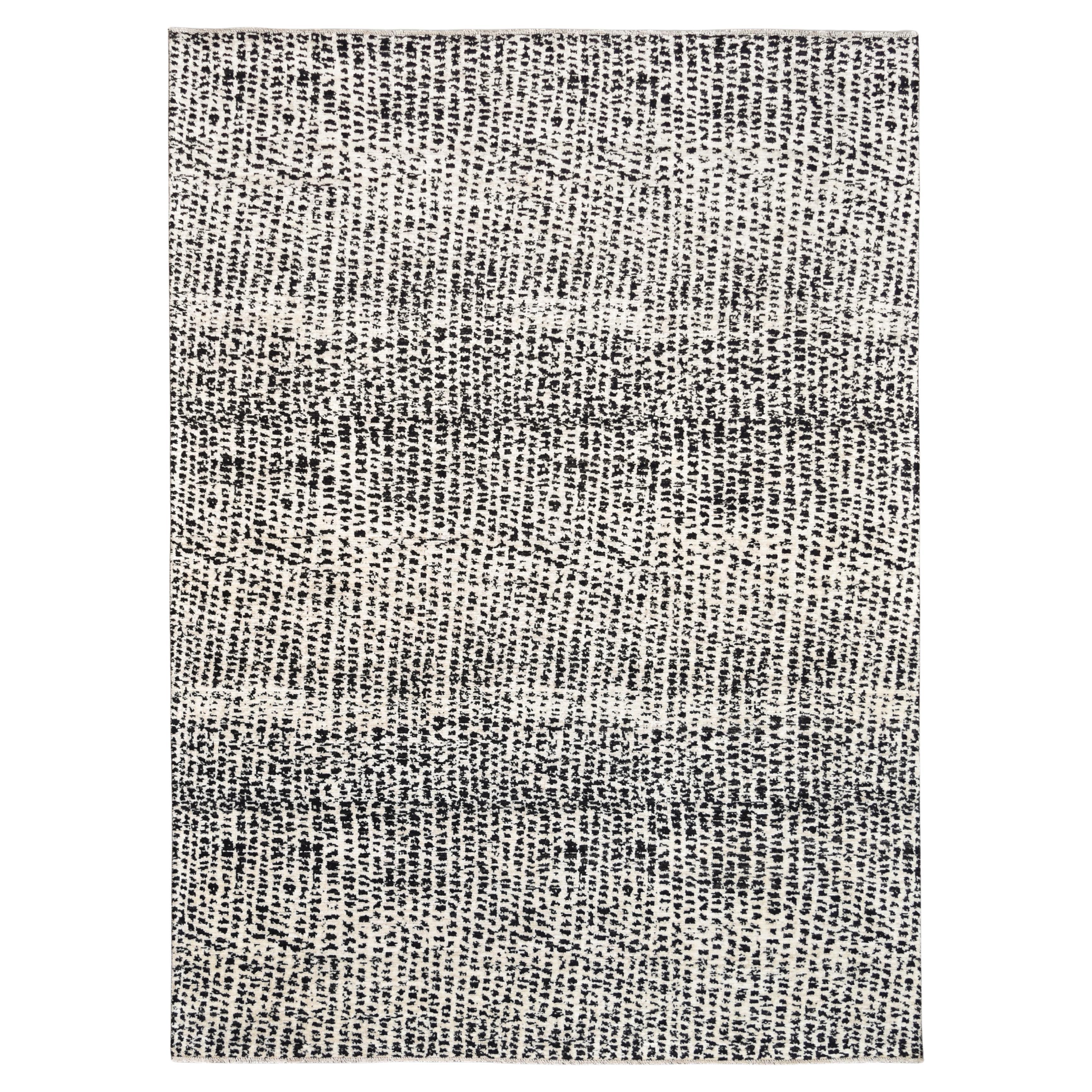 Textured Pattern with Abstract Linear Black and Beige Wool Rug 8'10''x12'1''