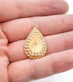 Textured Pearl & Diamond Teardrop Pendant in 14k Yellow Gold