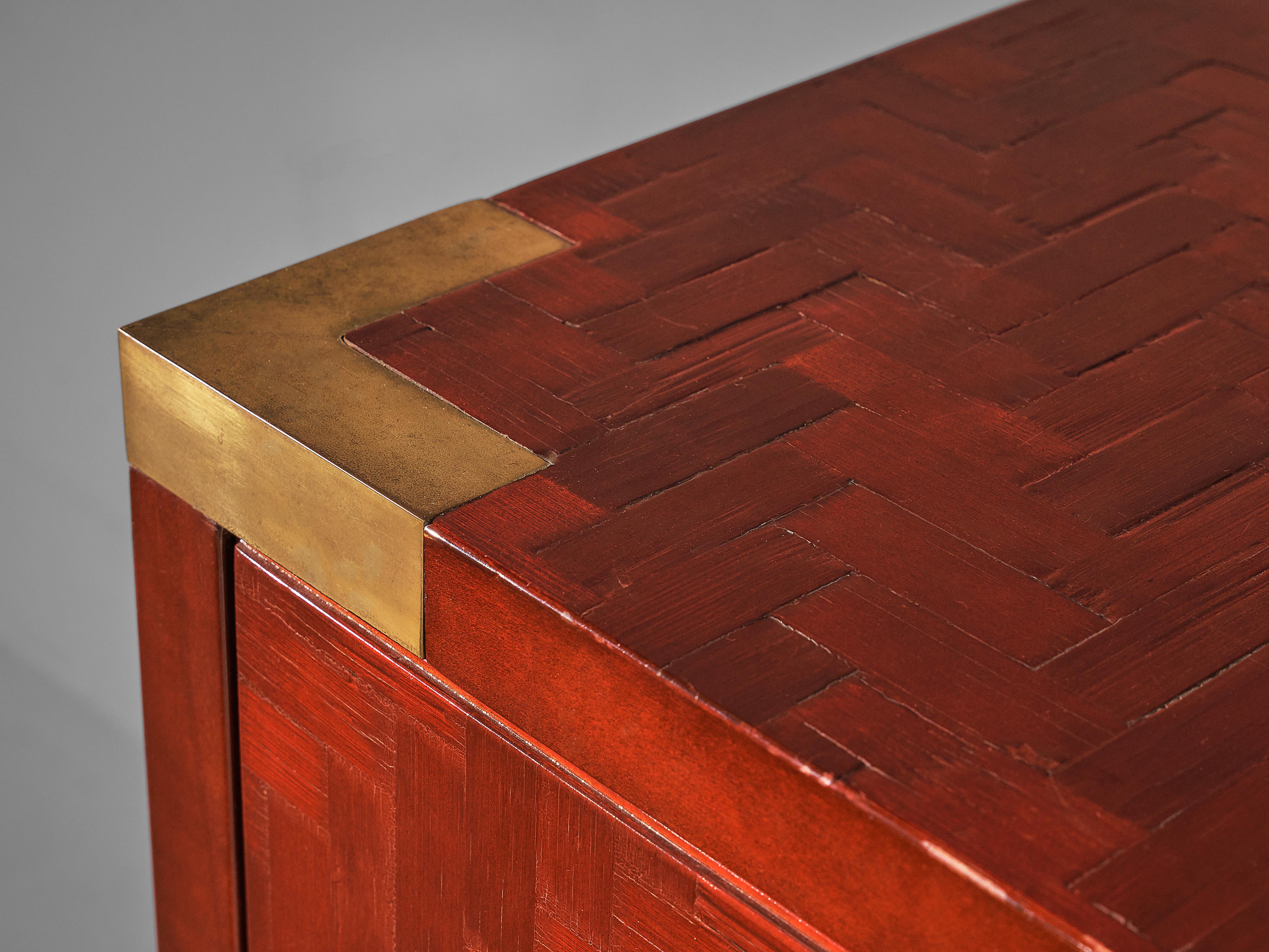 Mid-Century Modern Textured Red Cabinet with Lacquered Surface and Brass