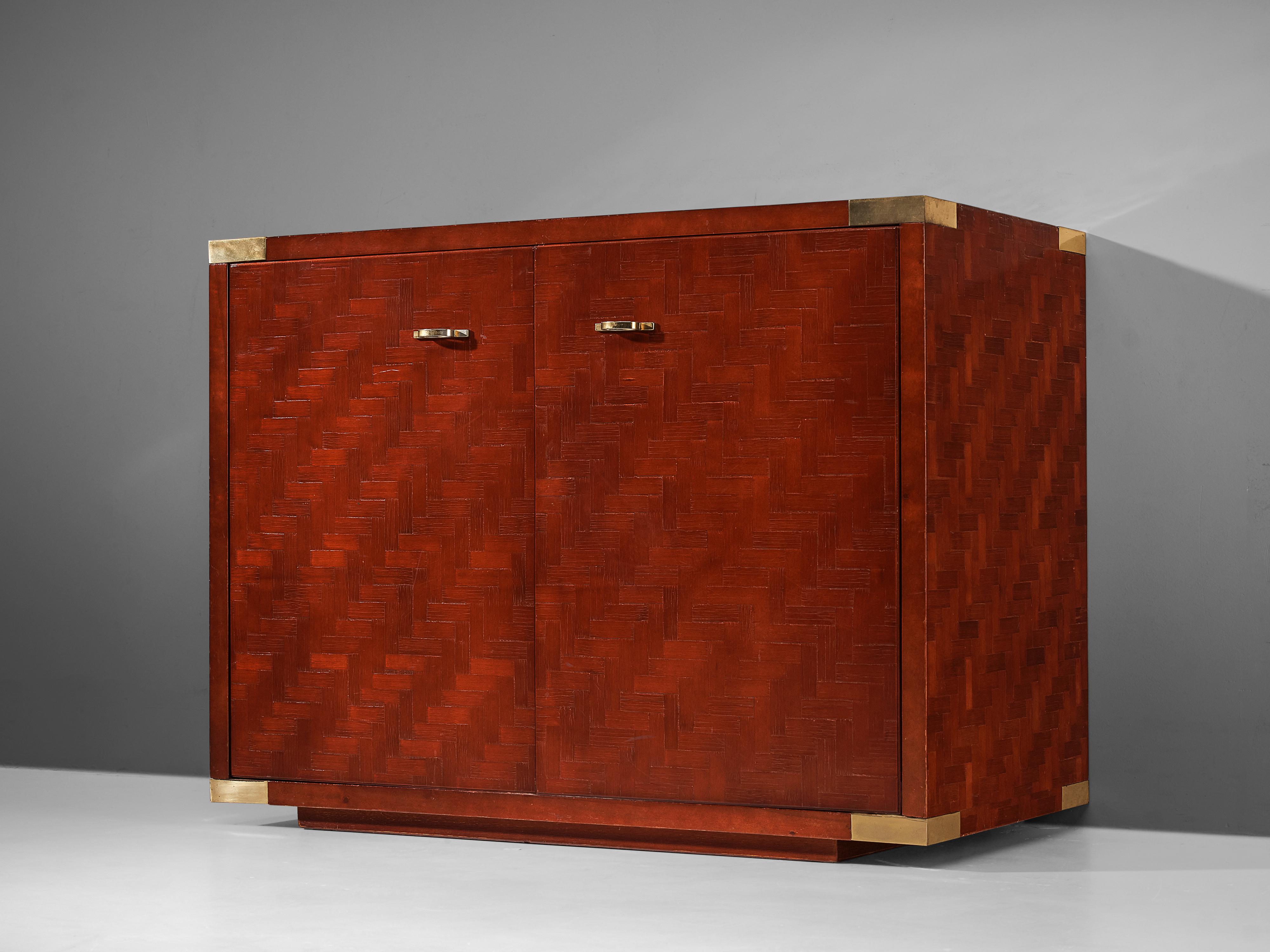 European Textured Red Cabinet with Lacquered Surface and Brass