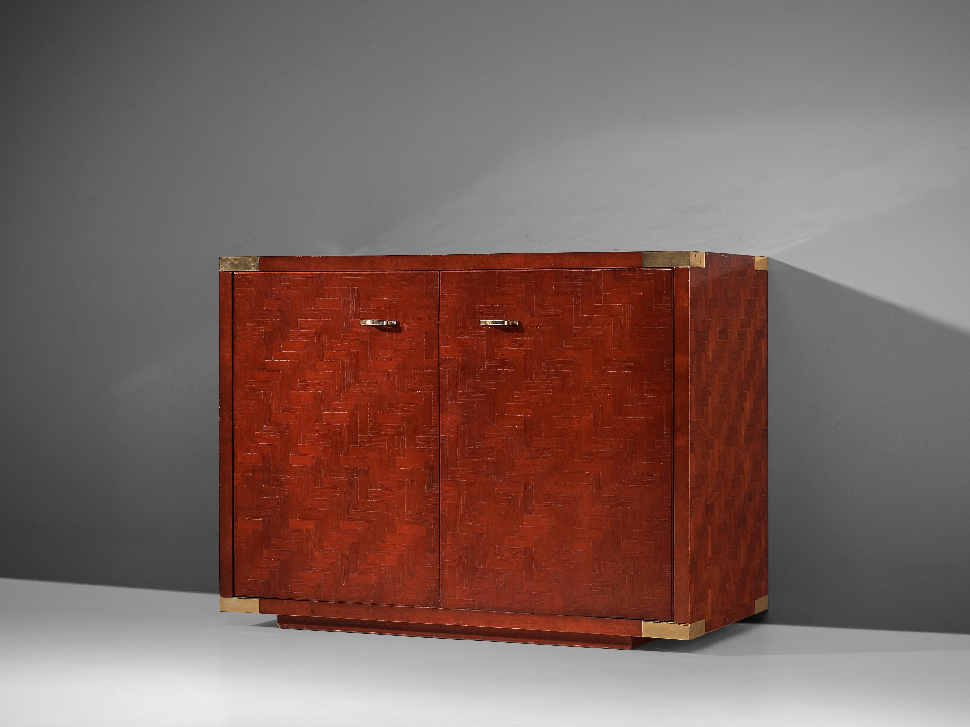 Mid-20th Century Textured Red Cabinet with Lacquered Surface and Brass