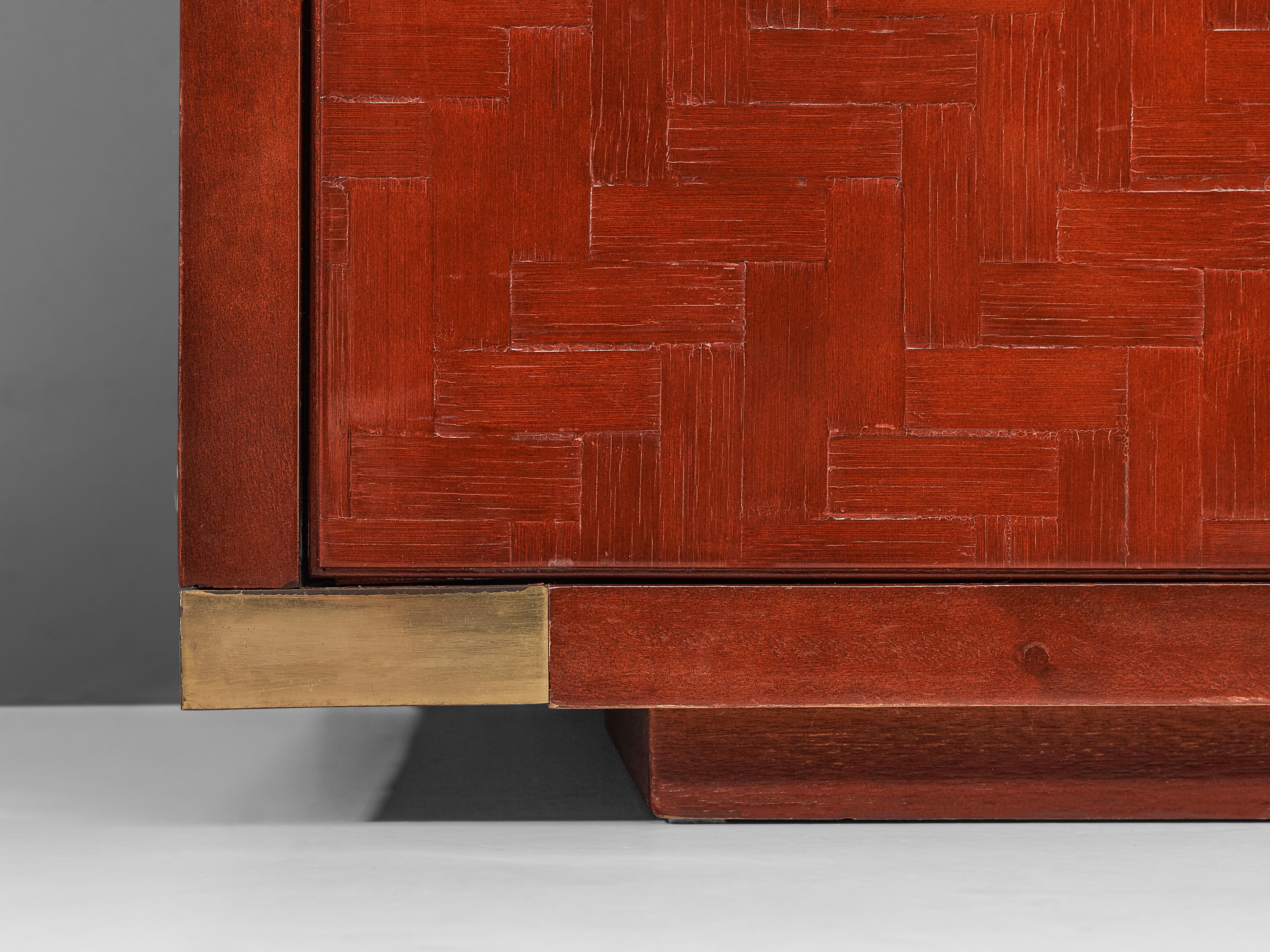 Textured Red Cabinet with Lacquered Surface and Brass 1