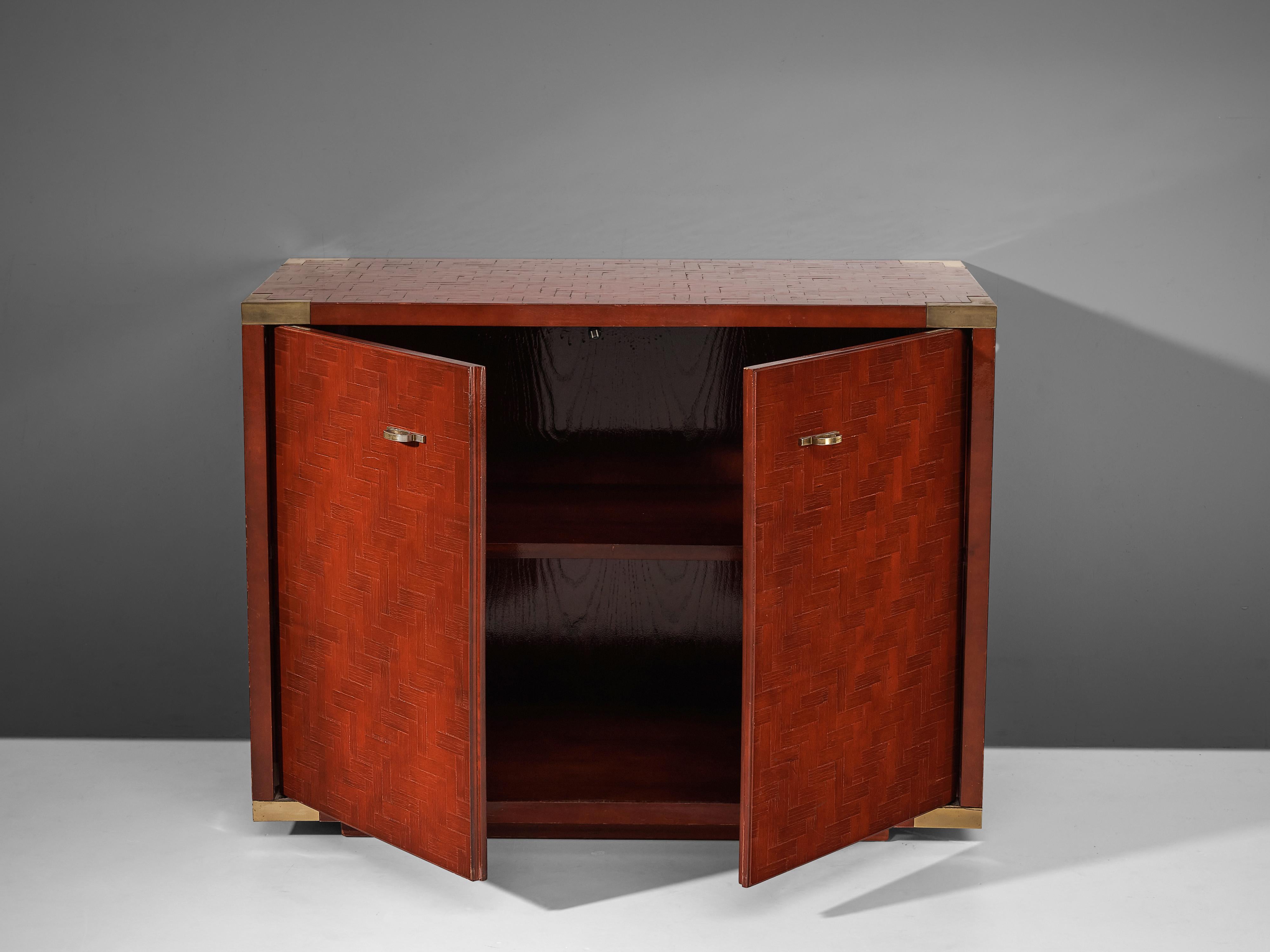 Textured Red Cabinet with Lacquered Surface and Brass 3