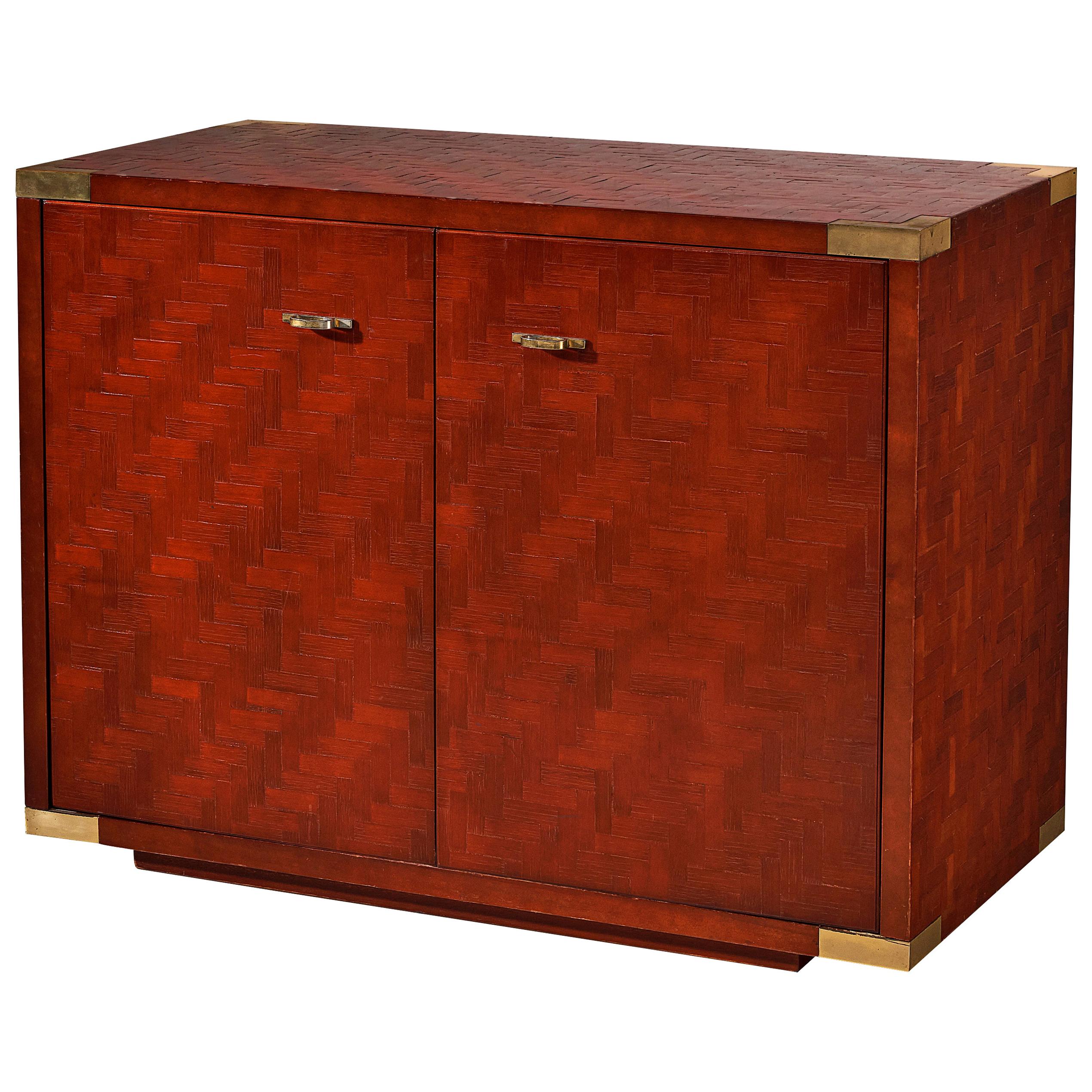 Textured Red Cabinet with Lacquered Surface and Brass