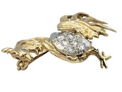 Textured Rooster Brooch in 14 Karat Yellow Gold with Round Diamond Accents
