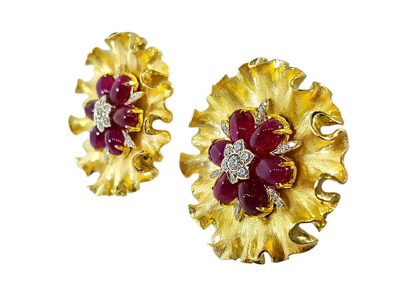 Modern Textured Ruby and Diamond Yellow Gold Clip Earrings